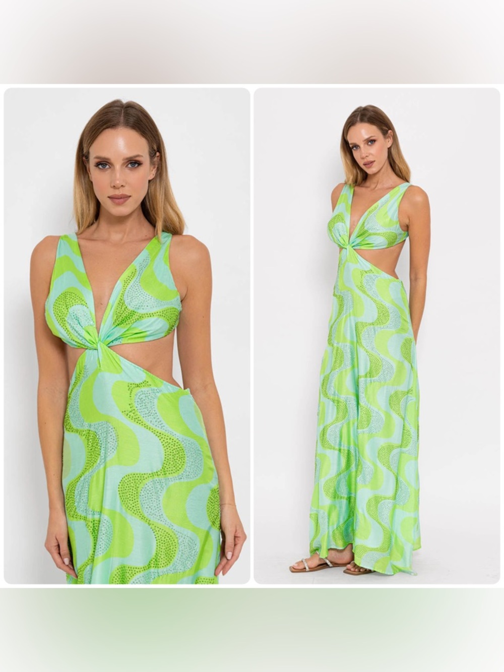 New! Sundress Revolve Shana Cutout Maxi Dress Amazonia Rhinestones Lime & Pool💚S - Picture 2 of 16